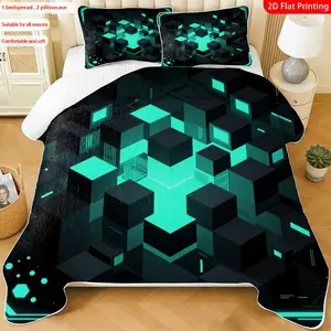 3 pcs, 2D Flat Print Neon Geometric Cubes Bedspread Set, Soft and Comfortable, Multiple Sizes Available, Suitable for Gifting and Daily Use, Ideal for Creating a Cozy Home Atmosphere(1 bedspread , 2 pillowcases)