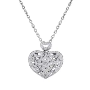 Sterling Silver Puffed Heart Natural Diamond Necklace 0.10 Ct