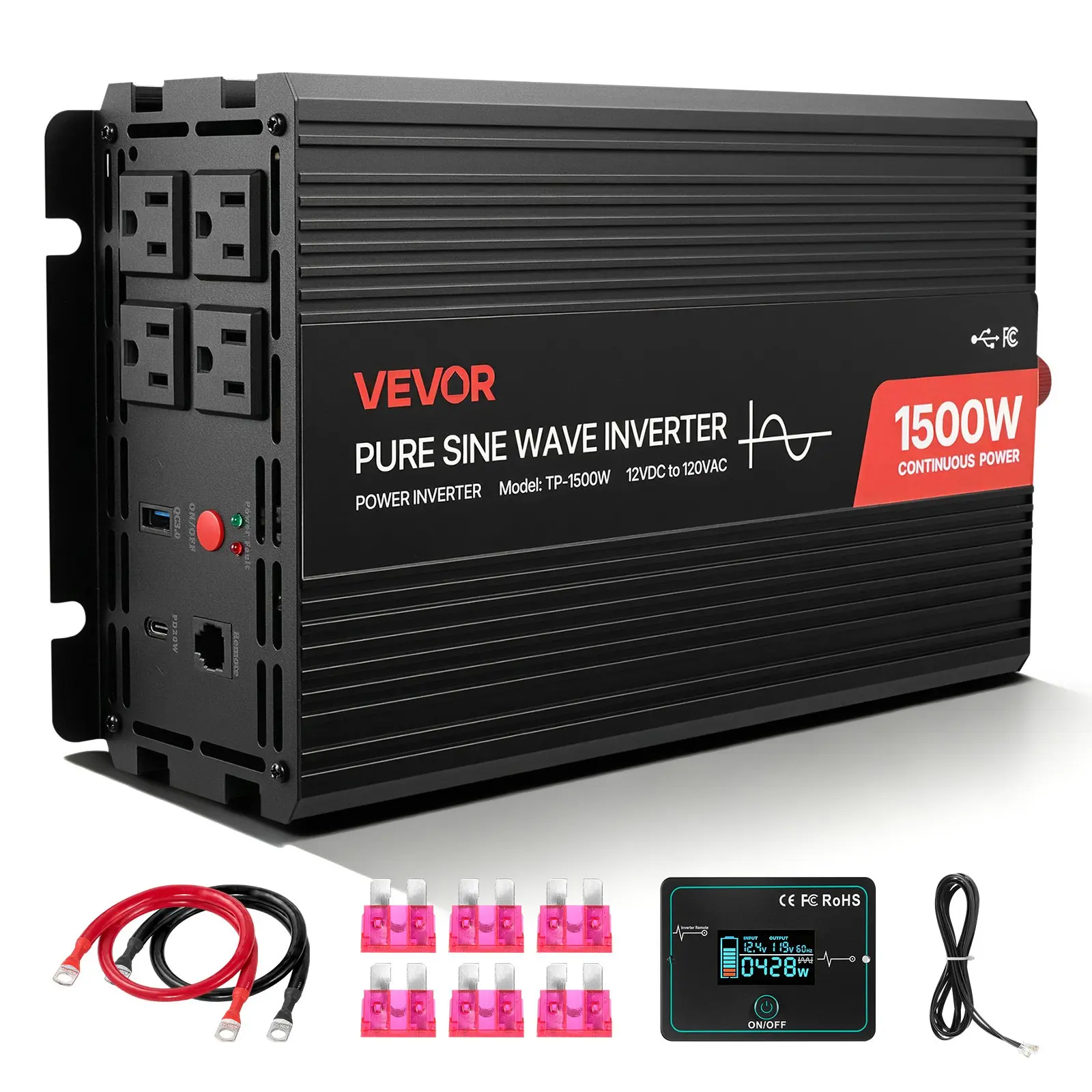 VEVOR 1500W Pure Sine Wave Power Inverter, 12V DC to 120V AC Car Converter with Remote Control, USB Type-C Ports, 4 AC Outlets, Fast-Charging for RV, Outdoor Camping, Rv Users