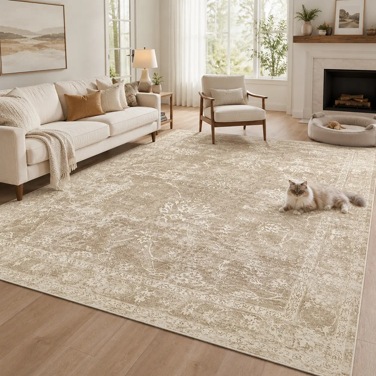 ComiComi Beige Vintage Minimalist Floral Area Rug - High-Density Fiber, Low-Pile, Waterproof, Stain-Resistant, Wrinkle-Resistant, Machine Washable, TPR Non-Slip, Kids&Pets Friendly - for Living Room, Bedroom, Vintage Home Decor (6x9/7x9/8x10/9x12)