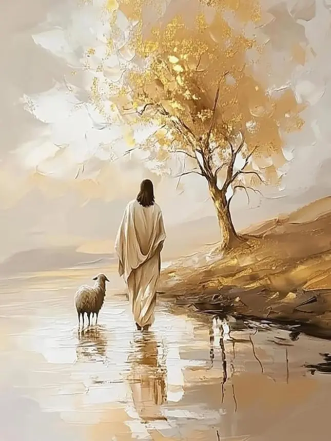 5D Full Drill Diamond Painting Kit Golden Tree Jesus & Sheep Walking On Water Spiritual Art, Minimalist Faith DIY Home Wall Decor