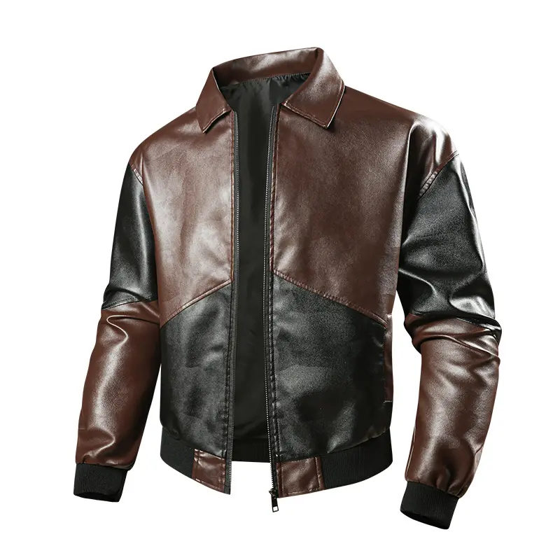 Men’s black and brown colorblock PU leather aviator jacket, bomber jacket with faux shearling collar, quilted lining, front zipper and utility pockets, casual fall/winter outerwear, sohochic