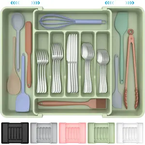 Extra Large Expandable Silverware Organizer, BPA-Free Food-Safe Cutlery Flatware Organizer, Kitchen Utensil Drawer Organizer, Adjustable Silverware Holder for Spoons Forks Knives, Green