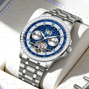 The TINAIBIN men's stylish mechanical watch features an openwork tourbillon design with automatic winding and a water resistance of 30 meters, making it both fashionable and waterproof, ideal as a gift choice.