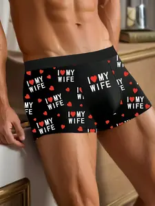 Men's Casual Breathable Briefs, Heart Print Boxers, I Love Wife Letter Print Underwear, Valentine's Day Gift, Fitted Shorts, All Seasons