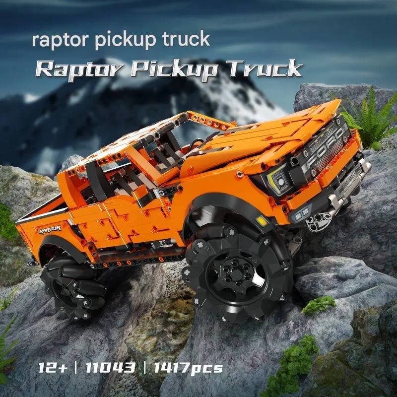 Raptor Pickup Truck Omni-Directional RC Pickup Truck Building Blocks | Mecanum Wheel Ford Raptor F150 DIY Brick RC Offroad Car STEM Gift for Kids & Adult Car Enthusiasts