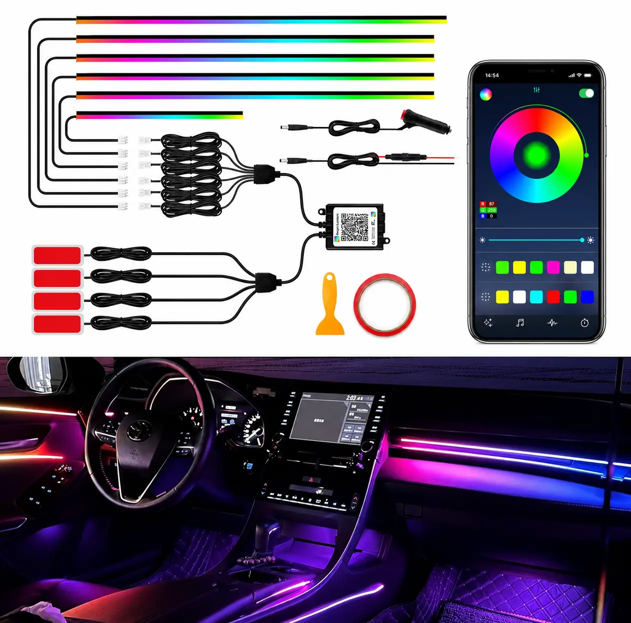 6 Strip + 4 footwell RGBIC LED Interior Lighting for Cars, Trucks, & SUVs. RGBIC LEDs with Music Sync Mode ,Plug & Play, Cut-to-Length Design. Universal Fit