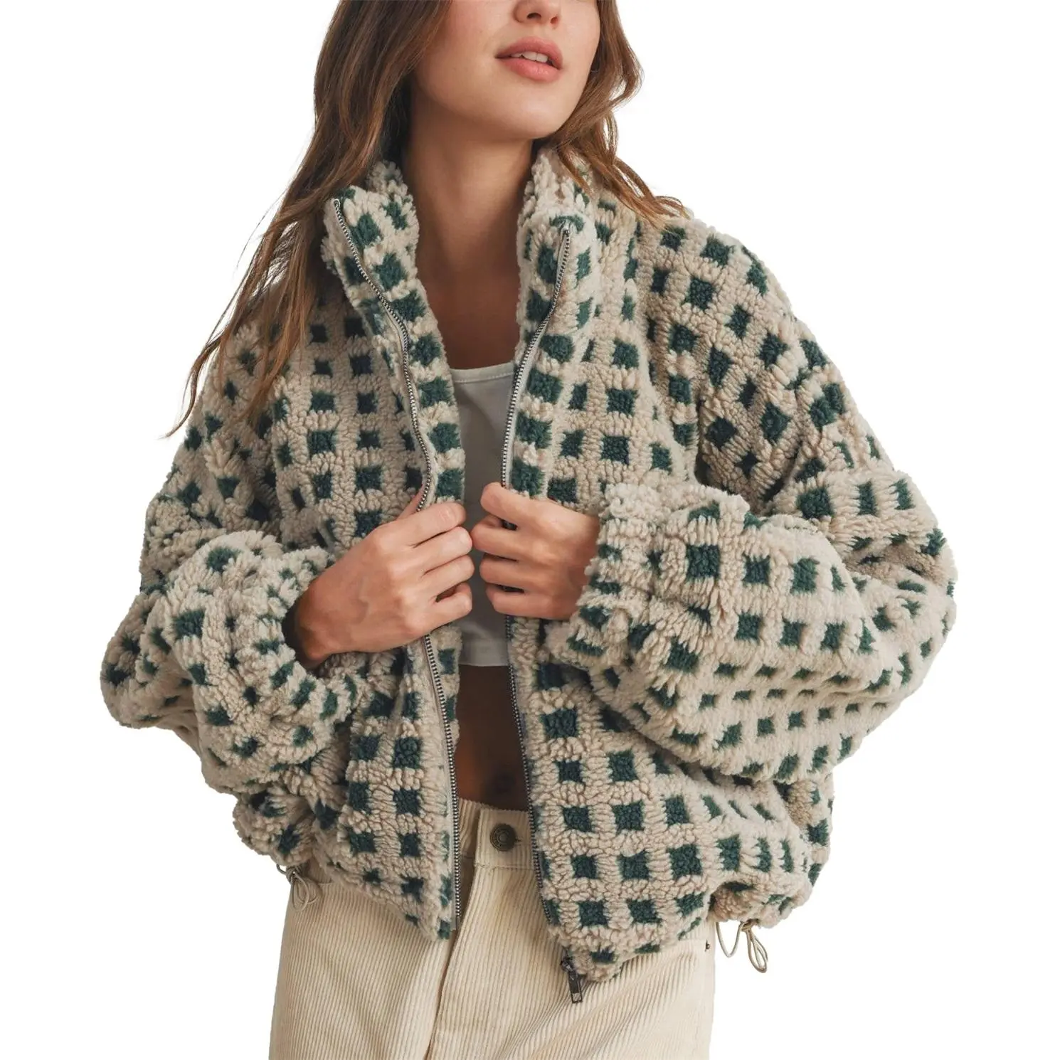 Talakeno Womens Checkered Sherpa Jacket Cropped Long Sleeve Plaid Fleece Coats Casual Zip Up Gingham Outwear with Pockets