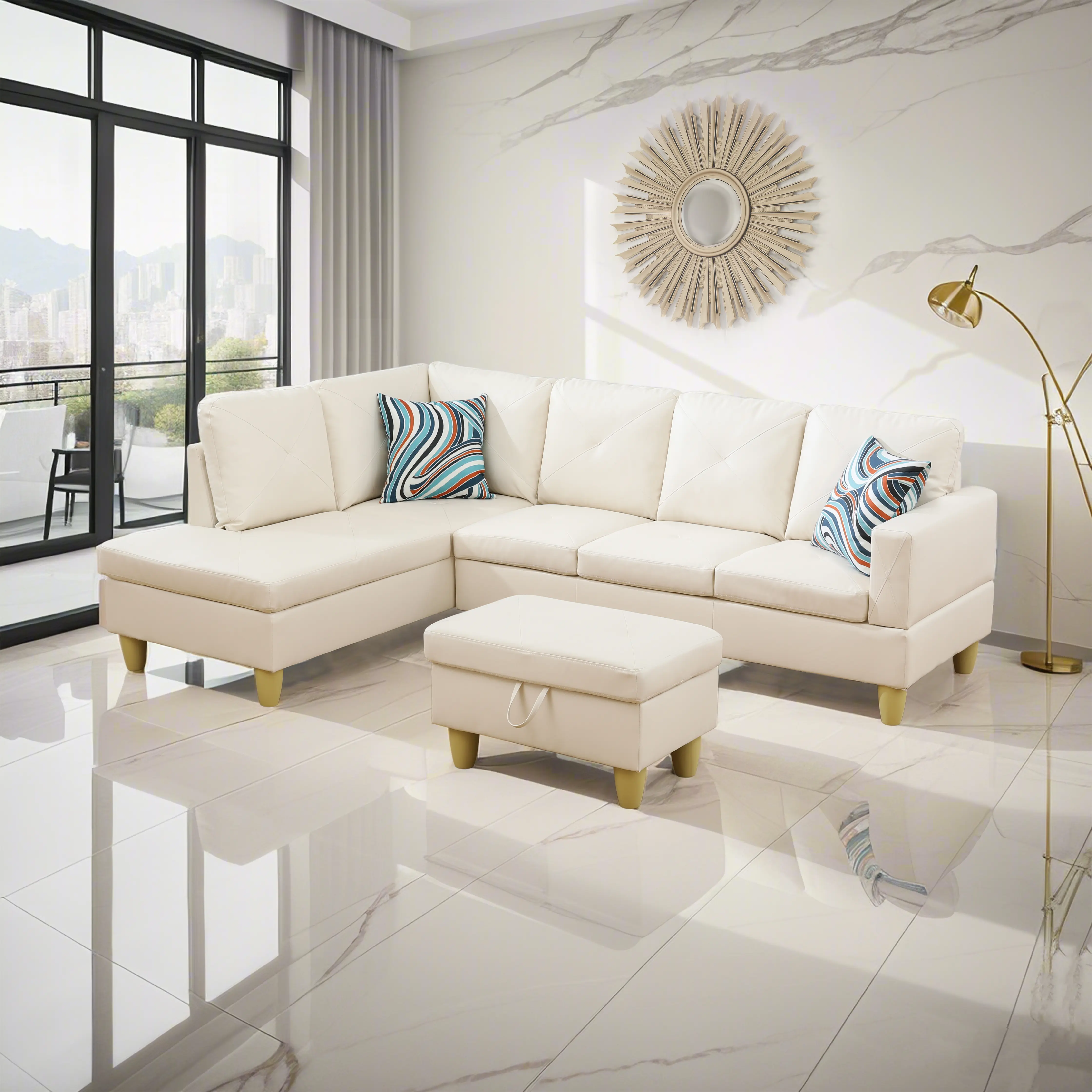 Indoor Living Room 3-Piece White Faux Leather Modern Divideable Durable Sectional Sofa Set - Elegance, Clean Look, Comfy Couch with Fixed Arms, Plush Seating, Assembly Required for Contemporary Settings