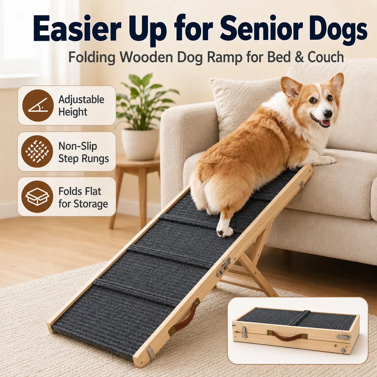 Adjustable Wooden Dog Ramp for Senior Dogs, Folding Pet Ramp for Bed & Couch, Non-Slip Carpet Surface for Small Dogs, Dachshunds, Corgis & Aging Pets