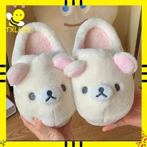 Kawaii Bear Rilakkuma Cotton Slippers Cute Flat Closed-Toe Mules for Men And Women Winter Cartoon Home Shoes Couples Footwear