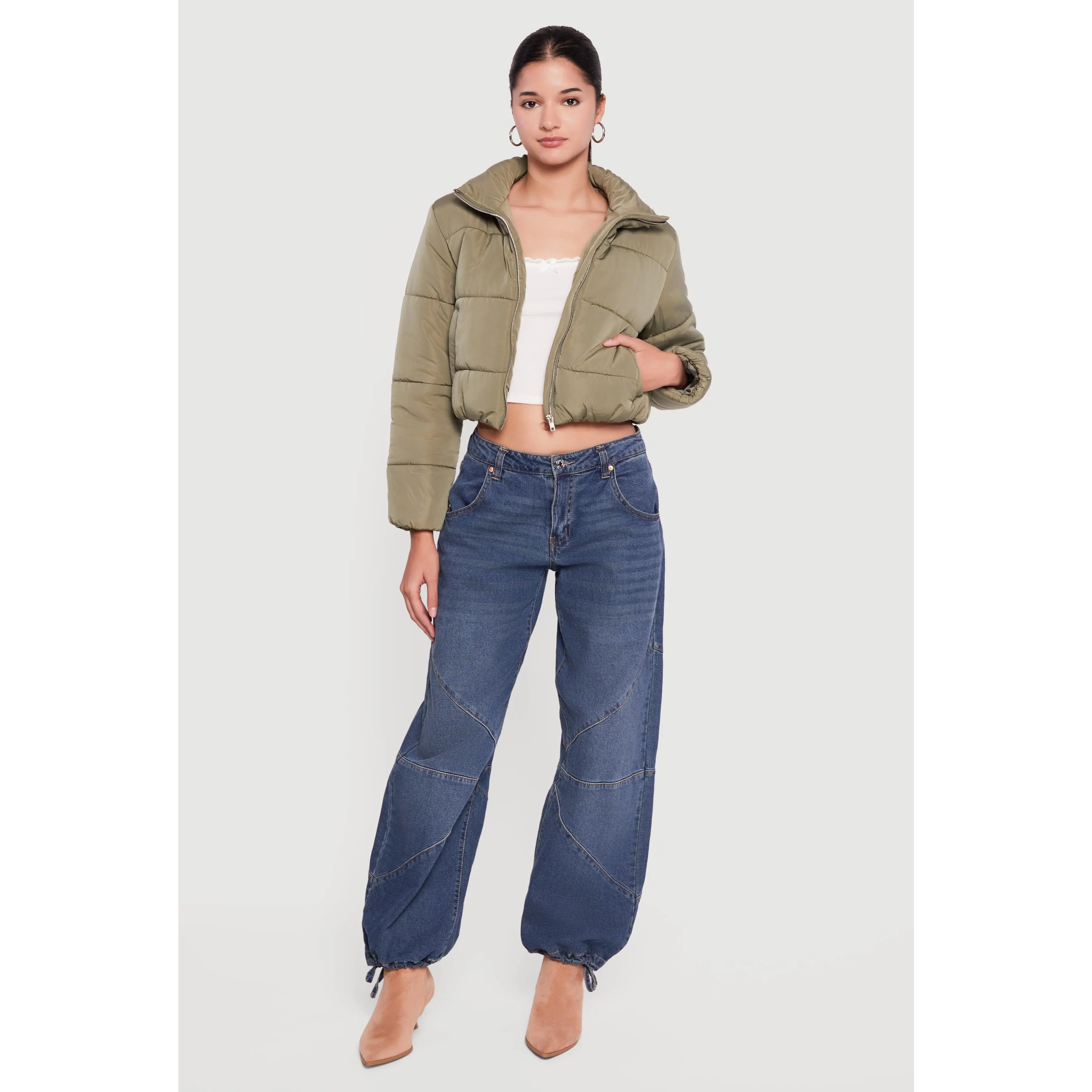Solid Cropped Zip Front Puffer Jacket