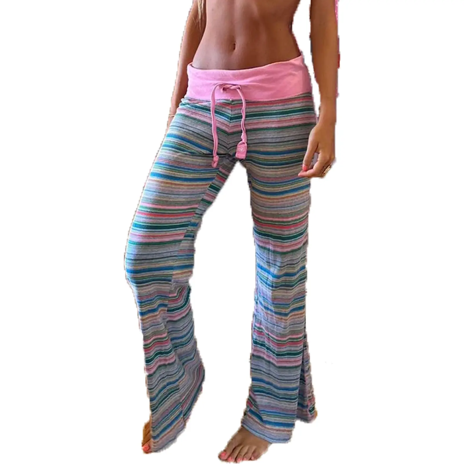 Women Y2k Striped Fold Over Lounge Pants Low Rise Drawstring 2000s Vintage Wide Leg Pants E-girls Retro Trousers Pajamas Bottoms