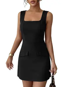Women's VAFFUL Minimalist Basic Ready-to-Wear Sleeveless Square Neck A-Line Scuba Knit Mini Dress with Pockets for Summer, Cocktail Parties