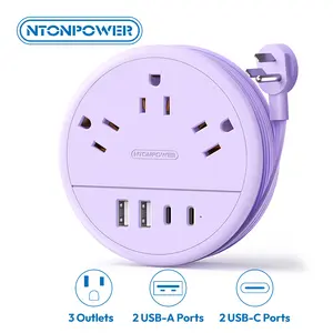 NTONPOWER Travel Power Strip Cruise Approved, 7-in-1 with 3 AC Outlets & 4 USB (2 USB-C), Flat Plug 4FT Wrapped Around Extension Cord, Travel Essentials for Cruise, Hotel & Dorm, Purple Round Strip, Smart USB Charging