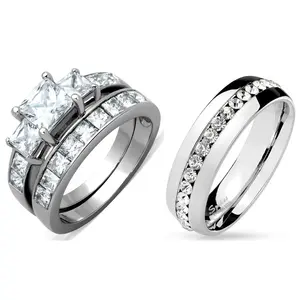 3 PCS Couple Womens Princess Cut CZ Wedding Ring set with Mens All Around CZ Band