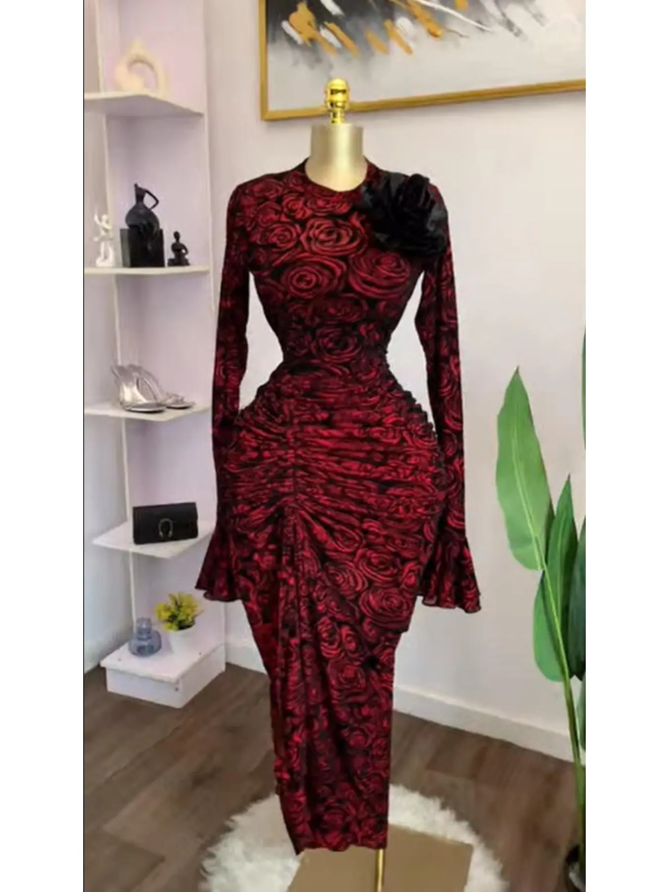 QFAF Women's Rose Print Ruched Layered Side Slit Bodycon Midi Dress, Elegant Ruched Design Formal Dress, Evening Party Dresses, Party Ball Gown, Educational Vacation Formal Wear