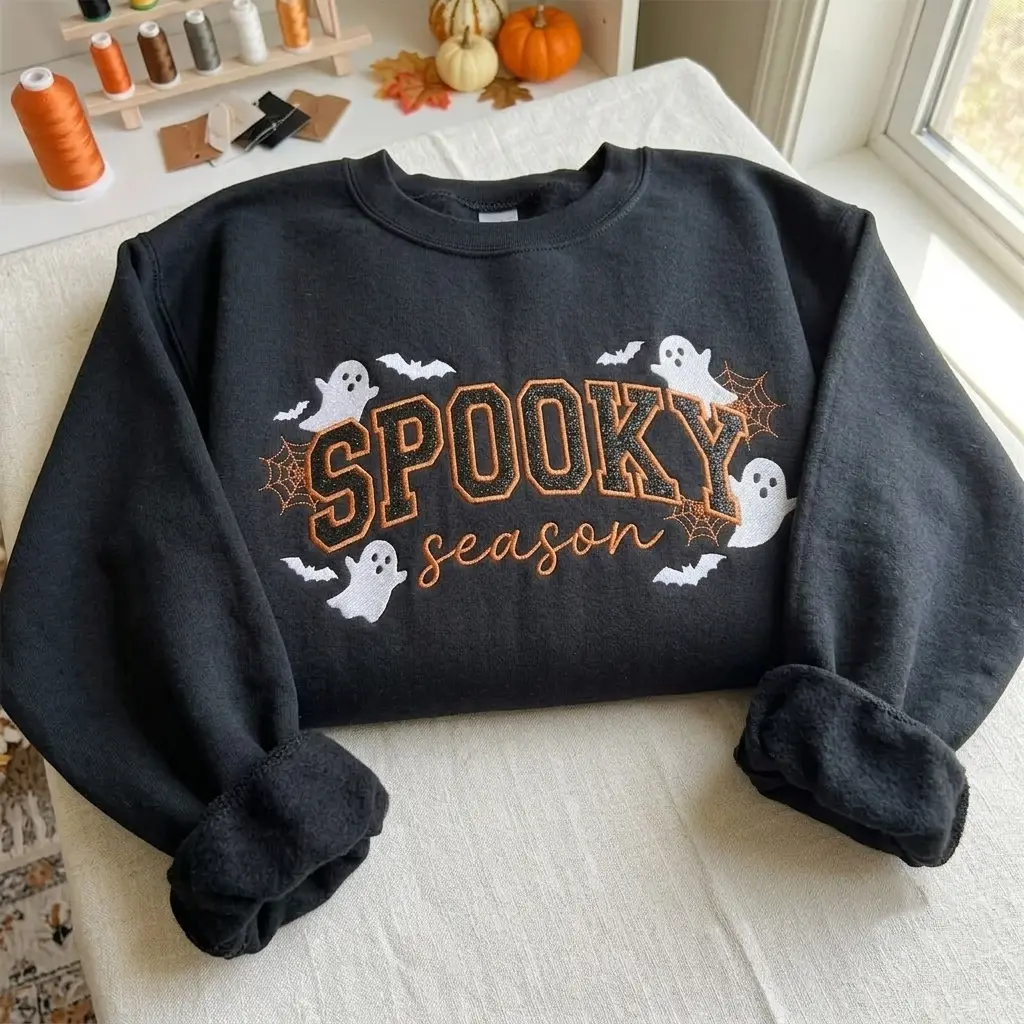 Spooky Season Glitter Applique Embroidered Sweatshirt, Bats & Ghosts Halloween Crewneck, Halloween Tee, Halloween Gift, Cozy Season Gift
