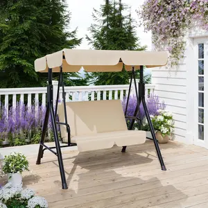 2-Seat Porch Swing with Stand and Adjustable Canopy, 600 lbs Heavy Duty Metal Frame Outdoor Patio Swing Chair, Water UV Resistant Polyester Swing Bench for Garden Backyard Balcony outdoorfun