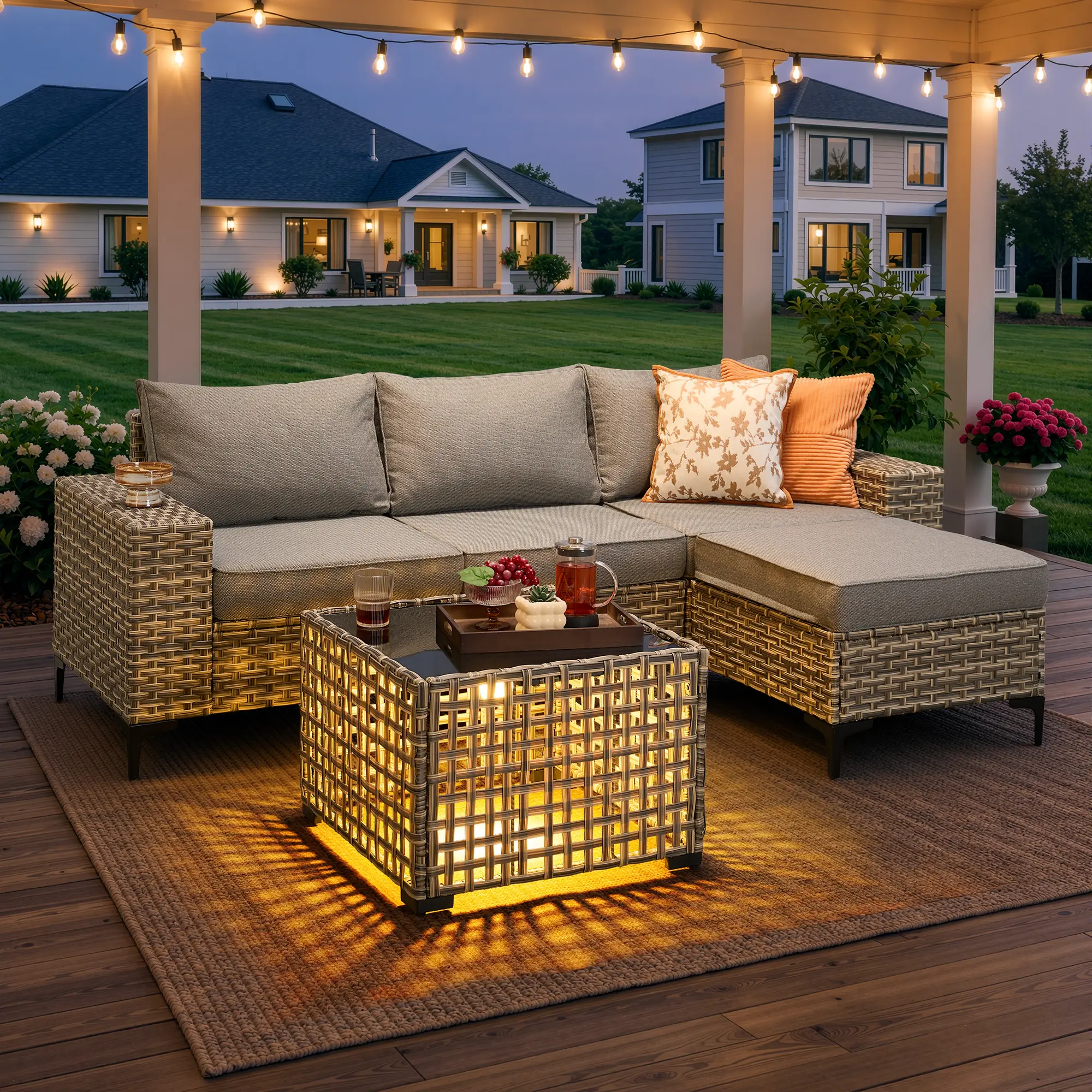 CAODOC 5 Piece Patio Furniture Sets, Outdoor Patio Set Sectional Sofa, All-Weather PE Rattan Outdoor Couch Chair with Ottoman, Glass Table for Garden, Backyard, Porch