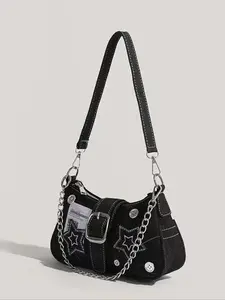 Women's Fashionable Star Patched Shoulder Bag, Vintage Y2K Style Chain Decor Underarm Bag for Daily Used, Casual Trendy Versatile High-quality Daily Commuting Bag, Crossbody Chain Bag