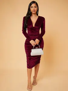 Radiana Prom Dress;Deep V Neck Ruched Velvet Bodycon Dress SHEIN