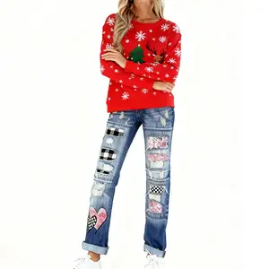 Valentine's Day Love New Ripped Print Casual Straight Mid-Rise Women's Washed Stretchless Straight Jeans Comfortable Cotton Denim Pants