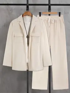 Men's Beige Corduroy 2-Piece Loungewear Set, Soft Lounge Sets - Lapel Blazer-Style Shirt with Dual Chest Pockets + Elastic Drawstring Waist Pants, Soft Stretch Fabric, Relaxed Plain Style, Perfect for At-Home Lounging, Casual Evenings