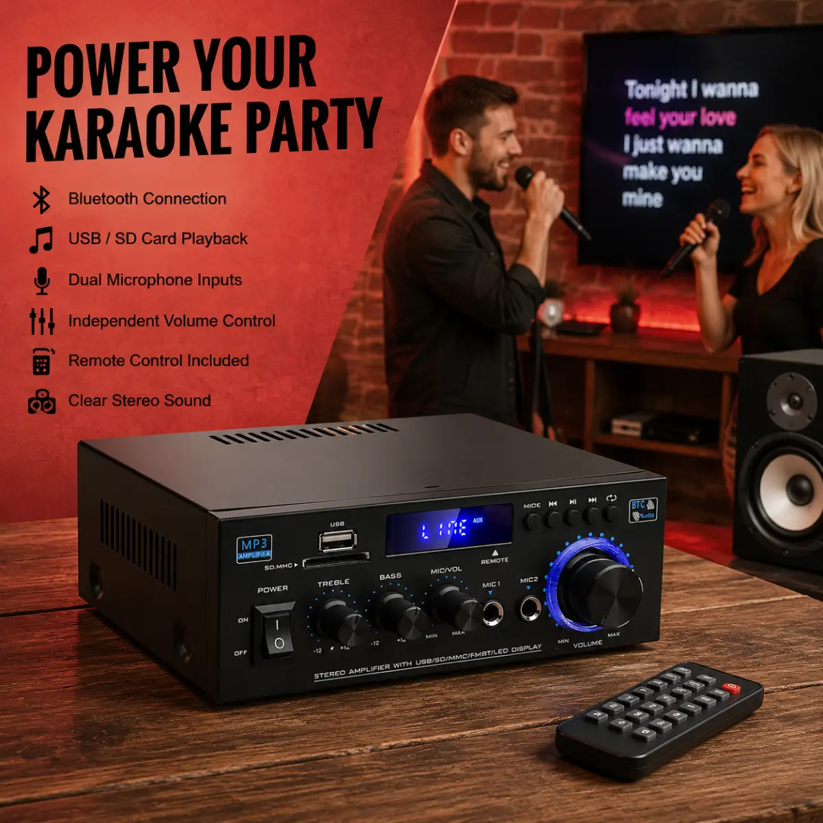 AK45 Mini 2.0 Channel Bluetooth 5.0 Hi-Fi Stereo Audio Amplifier - Home Use, USB, SD, FM Radio, Dual Mic Inputs for Karaoke, Bass/Treble Control, Remote, 4-16 Ohm Passive Speaker Compatibility, Smartphone Plug Connectivity, Space-Saving Design, Card