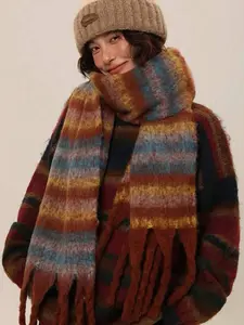 Winter Rainbow Striped Thick Scarf, Warm Circle Knit Shawl, High-End Mellow Color Windproof Plush Scarf, Women's Fashion Accessory, Knitted Scarf