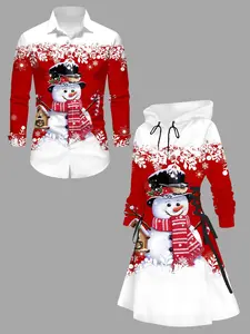 DRESSLILY Christmas Couple Outfit Women's Snowman Snowflake Print Colorblock Hooded Dress and Men's Long Sleeve Shirt Button Up Matching Set