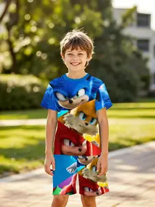 Boys' 3D Short Sleeve Set Sonic Hedgehog Family Patchwork Cool Anime Print Summer, Casual Slim-Fitting, Perfect Gift for Holidays