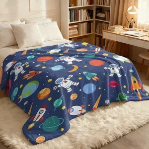 Cartoon Astronaut Planet, Deep Blue Space Design, Soft Warm All-Season Cartoon Pattern Blanket for Sofa Bed Travel Camping