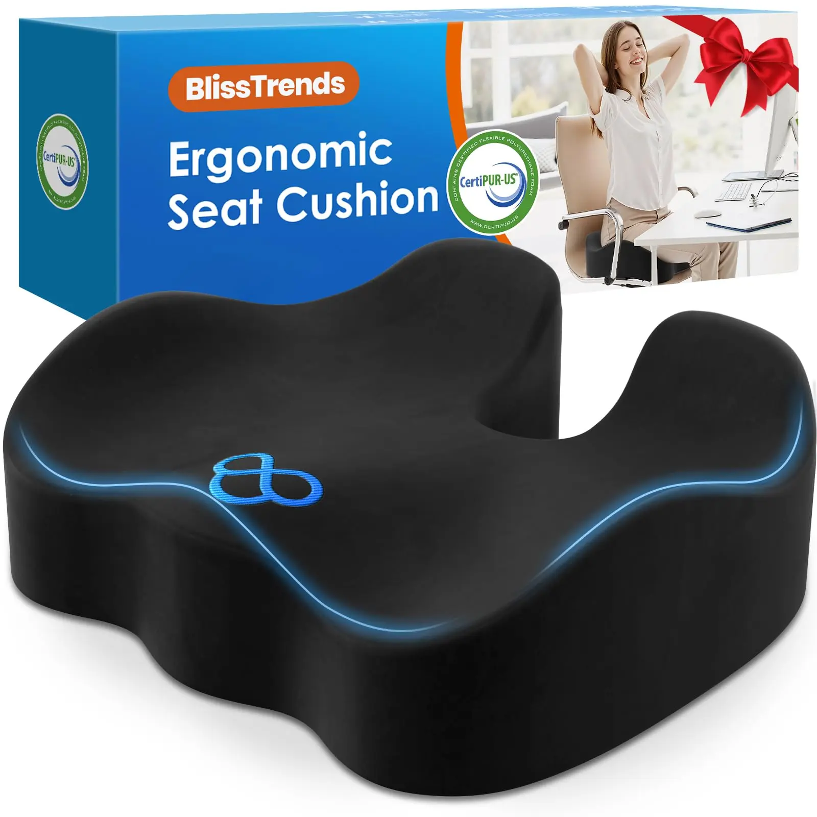 BlissTrends Ergonomic Velvet Seat Cushion - 4.7in Thick Memory Foam, Supportive Sitting, Non-Slip, Machine Wash, Bad Posture & Low Back Pain Relief for Office Chair, Car Drivers, Thick Foam