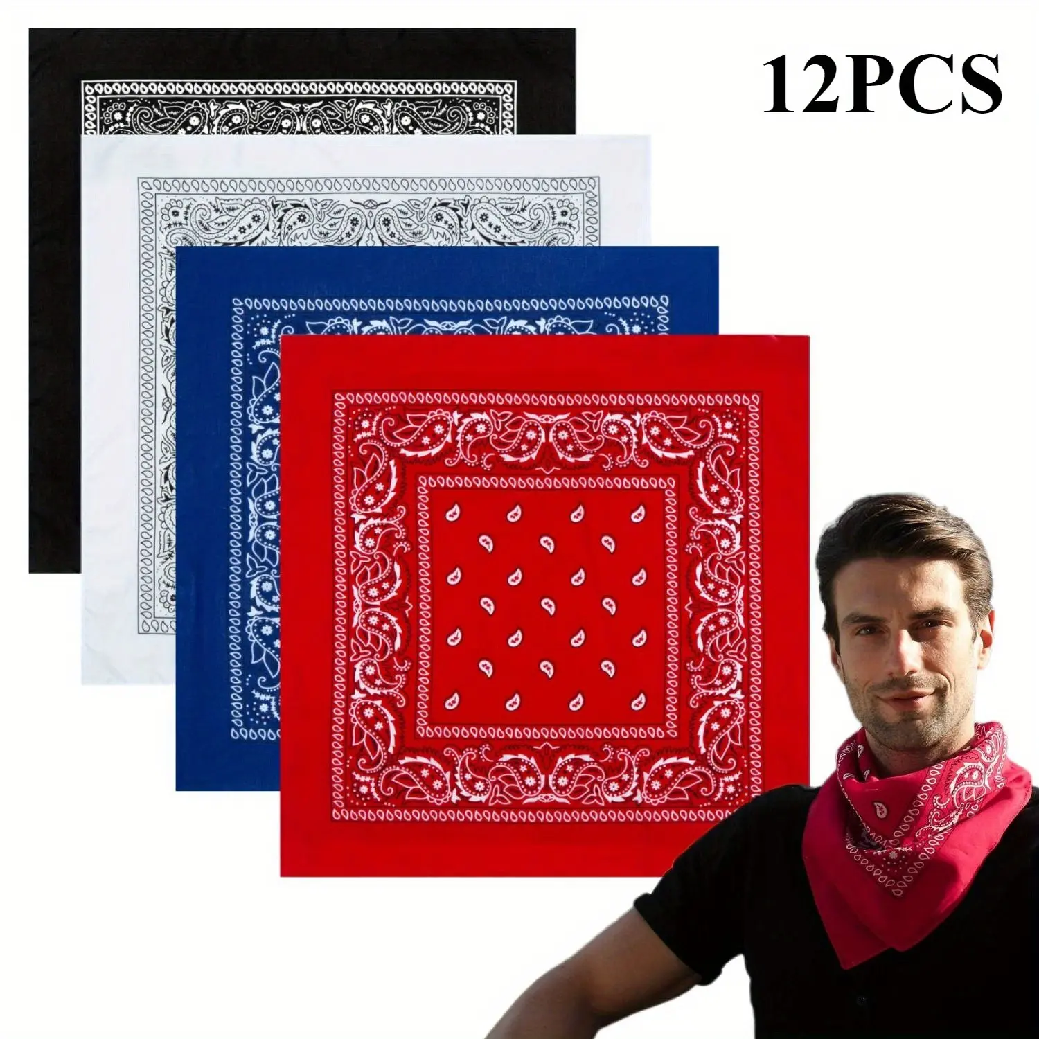 12-Pack Unisex Sports Bandanas Head Scarf - 22"x22" Double-Sided Printed Multi-Purpose Cowboy Head Wrap Necktie Face Cover Kerchief