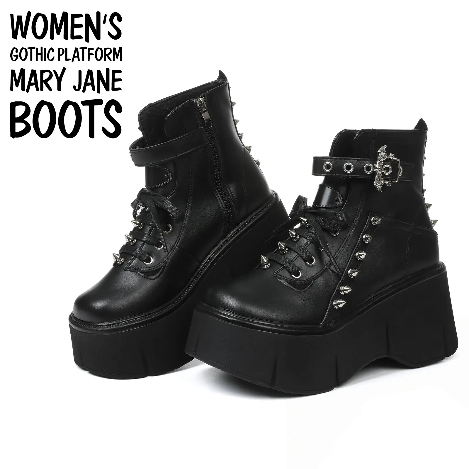 Womens Platform Boots Goth Punk Round Toe Lace up Rivets Zipper Closure Wedge Chunky Heel Gifts Riding Ankle Boots for Party Work Cosplay Halloween Dress Shoes