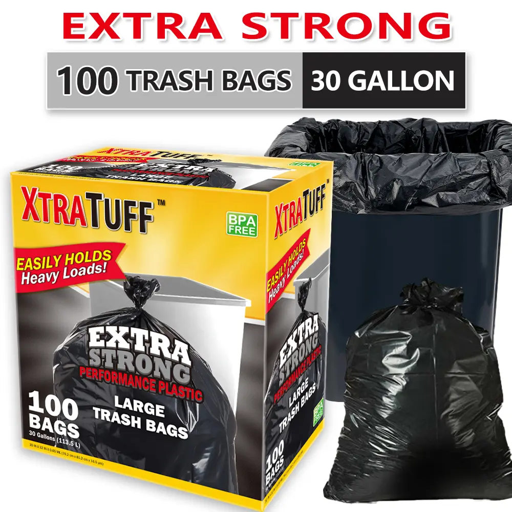 Xtratuff Trash Bags 30 Gallon Black Large Trash Bag Garbage Bags Heavy Duty 100 Count BPA FREE Strong Rubbish Bag drawstring