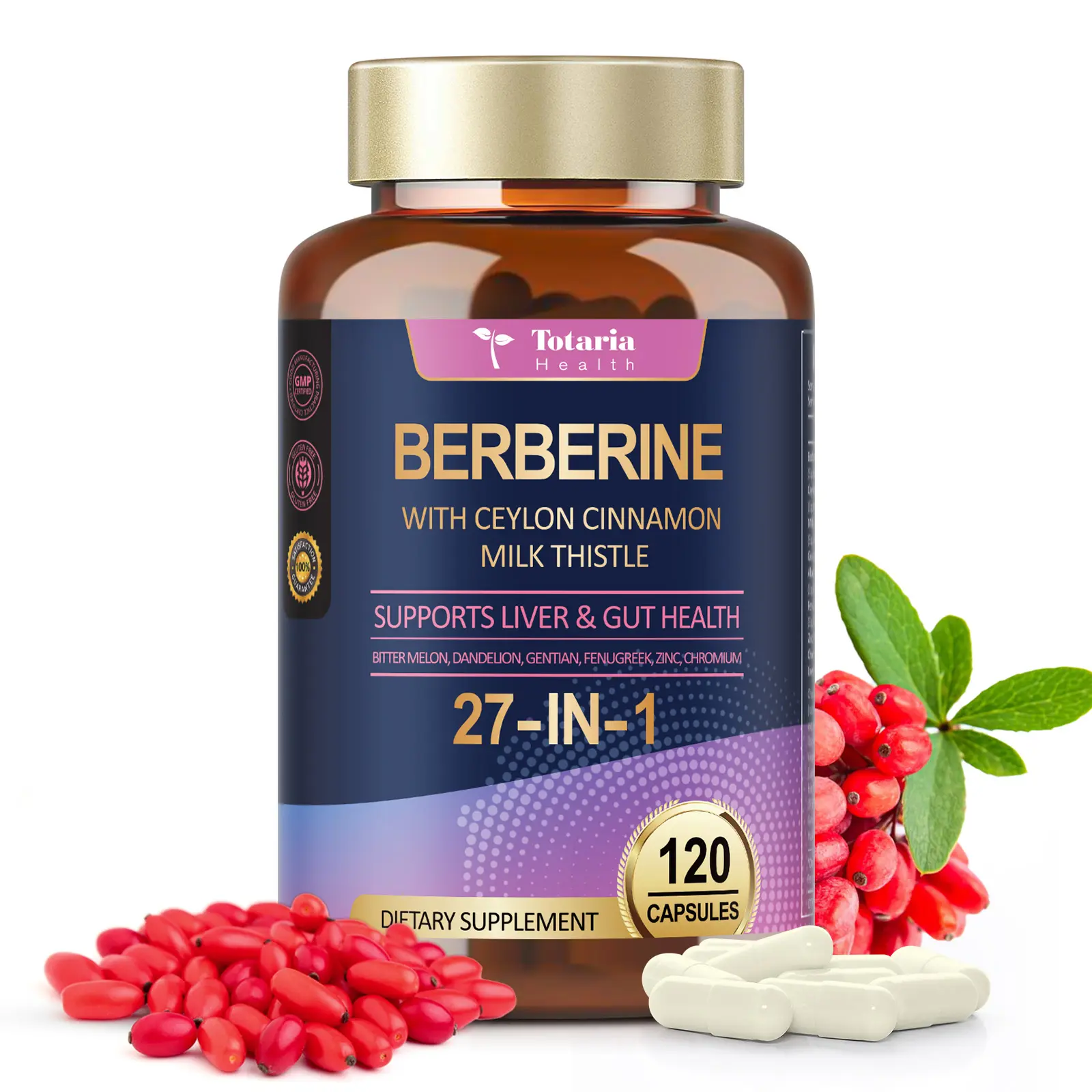 Totaria 27-in-1 Berberine Dietary Supplements with Ceylon Cinnamon, Milk Thistle - Natural Nourishing Herbal Blend for Immune Support, Liver Health, Gut Health, Gut Health Supplements, Liver Health Supplement