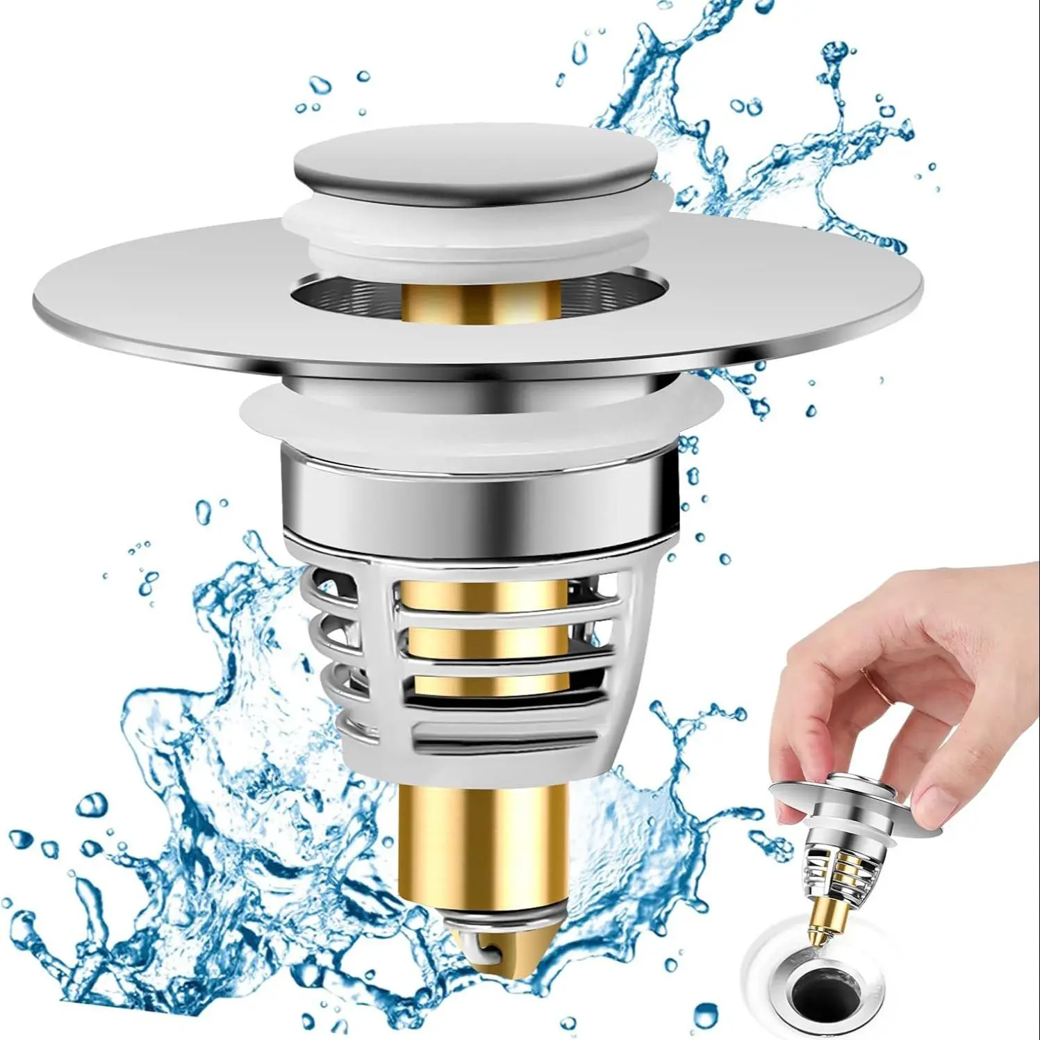 Bathroom Sink Stopper, Push Type Sink Plug, Universal Sink Strainer, Pop Up Basin Stopper, Anti Clogging Bathtub Plug Hair Catcher, Drain Cover, Filter, Stainless