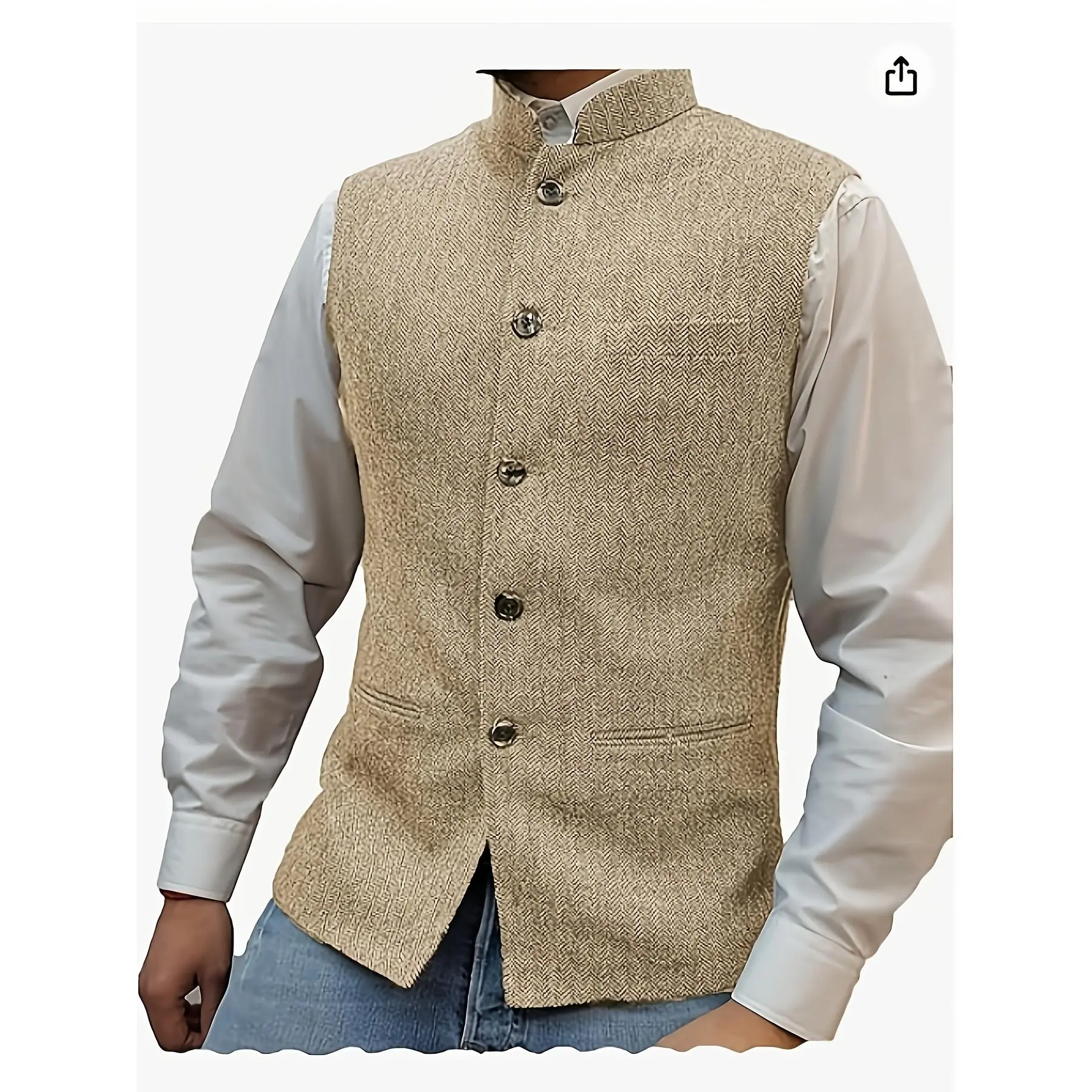 Men's Slim Fit Blend Vest - Herringbone Pattern, High Collar, Front Button, Red, Spring/Autumn Business Casual Style, Versatile Men's Wear | Button Front Vest | Polyester Nylon Blend