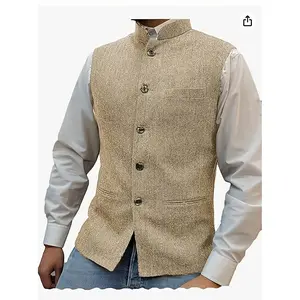 Men's Slim Fit Blend Vest - Herringbone Pattern, High Collar, Front Button, Red, Spring/Autumn Business Casual Style, Versatile Men's Wear | Button Front Vest | Polyester Nylon Blend