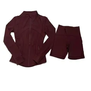 Maroon Long Sleeve Women's Workout Gym Fit Set for Fitness Activities - Sweat-Resistant & Comfortable Top with Matching Shorts