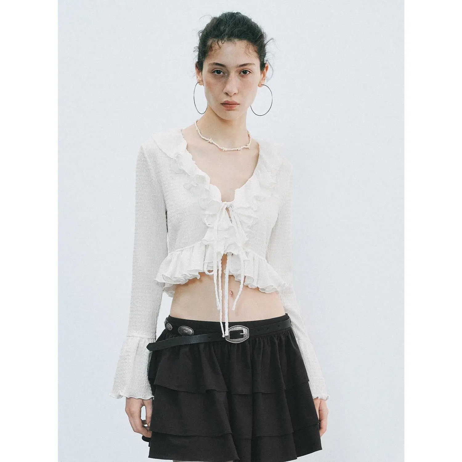 Women's Ruffled Blouse - Elegant Fitted Open Front with Flare Long Sleeve, Textured Polyester Stretch Fabric, Fitted Blouse, Ruffled Texture, Elastane, Polyester Blend, Medium Length