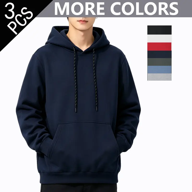 Men's pure-color drawstring hooded sweater, high-elasticity and breathable pullover, available in multiple colors, simple and comfortable, suitable for daily wear, outdoor sports, fishing, and hiking