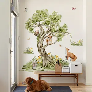 A set of three (30*90cm*3pcs) hand-painted watercolor wall stickers, Decorative stickers featuring big trees, foxes and small animals, suitable for decorating living rooms and bedrooms as warm background wall paintings (M16573-KX)