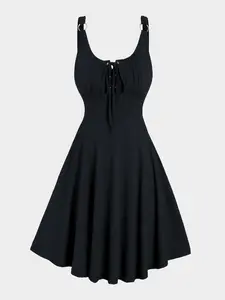 Women's O-Ring Shoulder Strap Front Tie A-Line Flared Dress, Sleeveless Umbrella Hem Short Style, Elegant Formal Party Wear, Summer Fashion, Womenswear