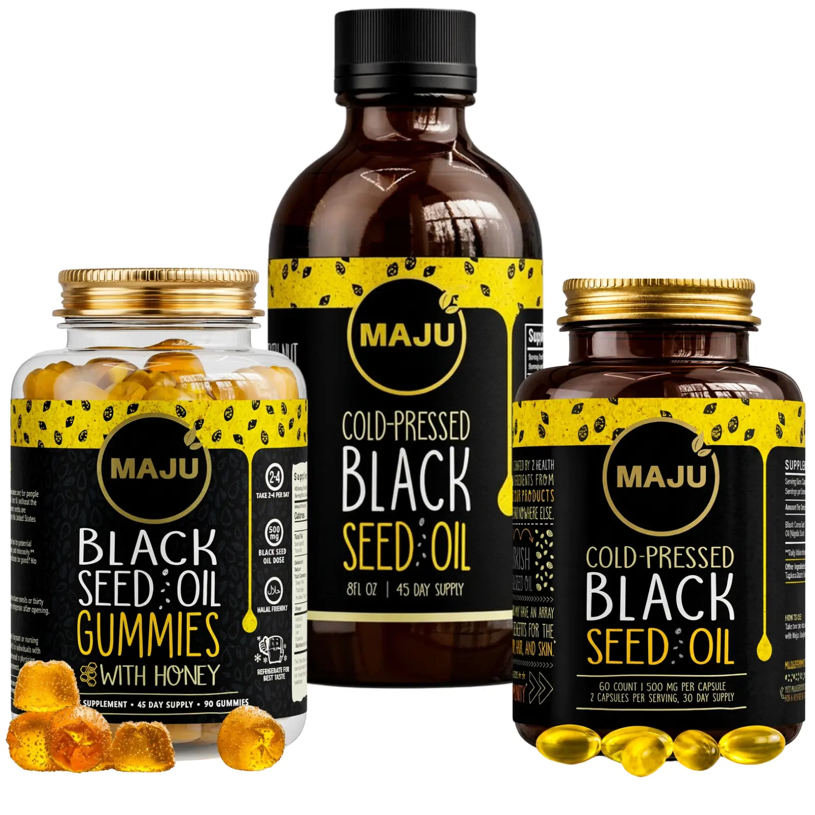 MAJU Black Seed Oil Bundle - Liquid, Capsules, and Gummies for Digestion and Wellness Edible Dietary Food Supplement for Optimum Hair, Skin & Nails