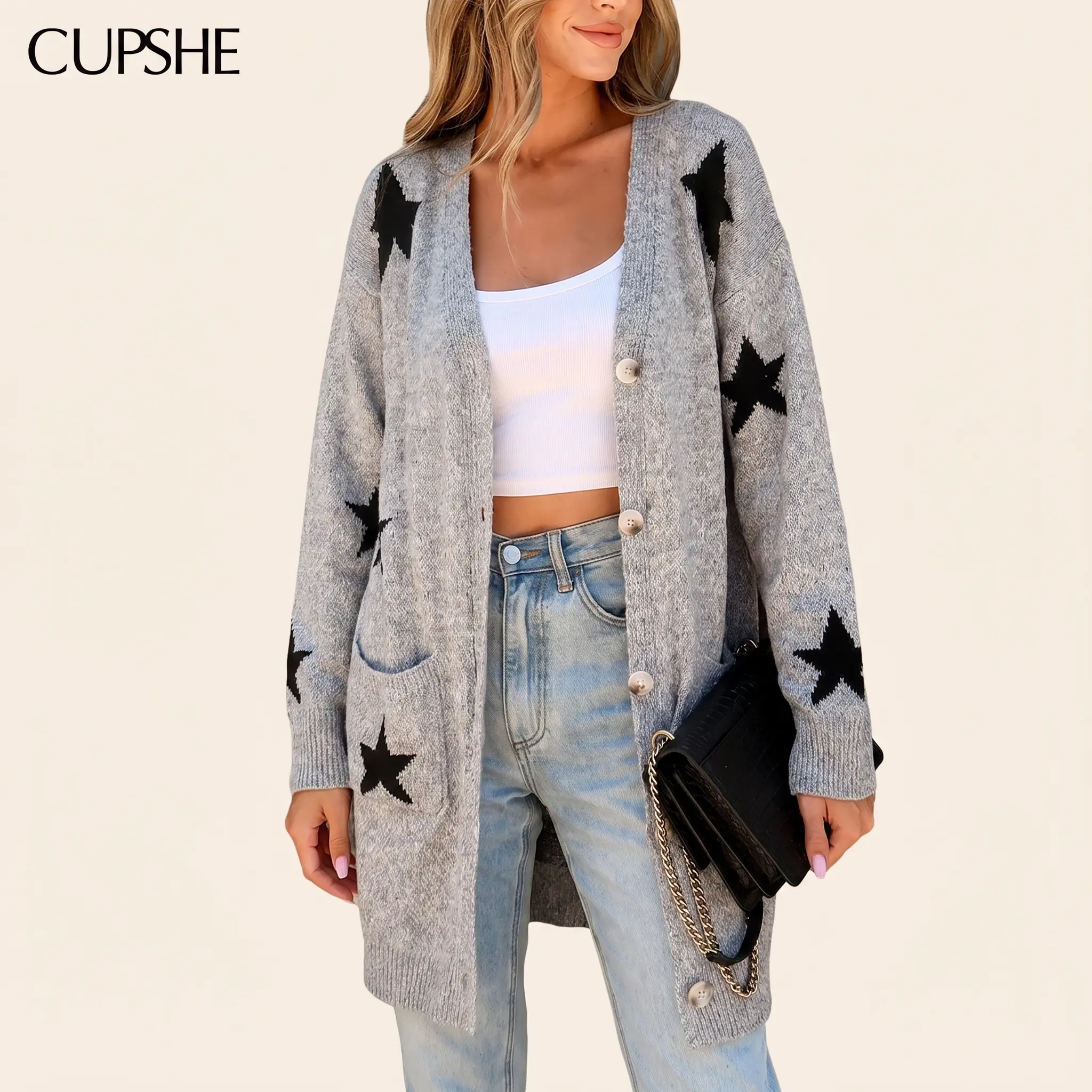 CUPSHE Women's Star Print Button-Front Long-Sleeve Knit Cardigan, Casual Fall Winter Layering Top (Womenswear Knitwear)