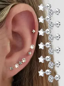 6 Pairs/Set Star Artificial Zirconia Decor Stud Earrings Elegant Minimalist Earrings for Women & Girls, Earring Stacking Set, Stainless Steel Inlaid Sparkling Zirconia Ear Studs