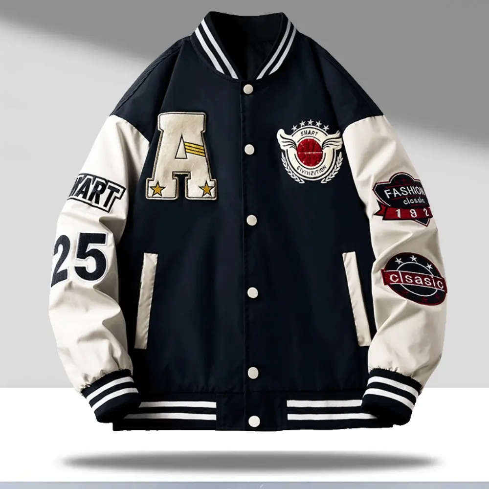 Menswear Retro Color-Block Baseball Coat with 3D Letter Patches, Long Sleeve Drop-Shoulder Streetwear Top, Coats